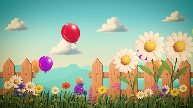 A cheerful seamless loop animation featuring a wooden fence, blooming daisies, and colorful balloons floating across a bright summer landscape. Perfect for kids' content, spring celebrations.