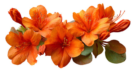 Cluster of bright orange azalea flowers with buds and leaves detailed painterly style isolated on transparent background for decorative floral elements