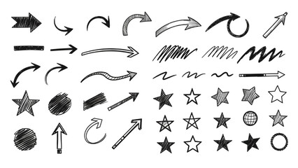Collection of various hand-drawn arrows, stars, and shapes in black on a clean background