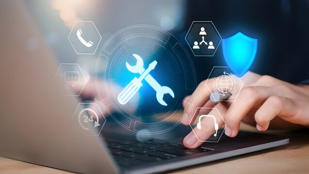 IT support and digital tools concept. Person using laptop with glowing wrench and screwdriver , representing system maintenance, tech service, customer support, and online troubleshooting in business