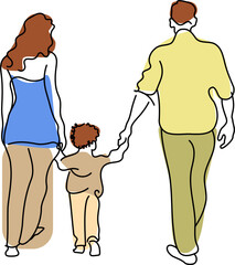 family illustration with a mother, a father and a child walking hand in hand
