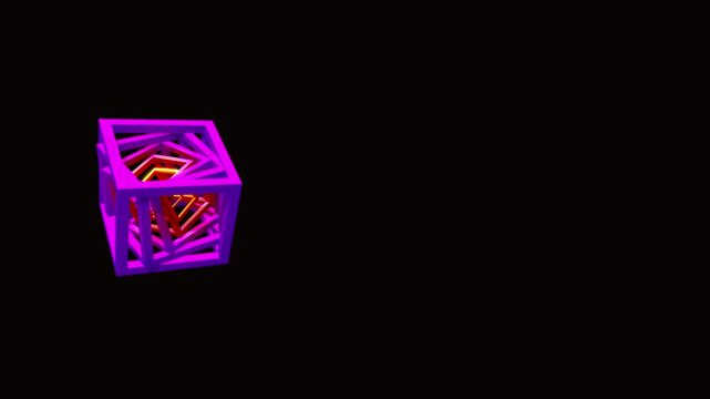 Minimal 3D illustration of a glowing pink and purple cube frame suspended in black space with layered geometric depth creating a modern futuristic abstract background