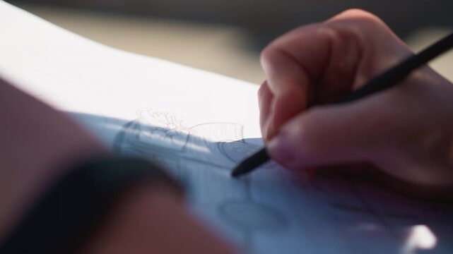 Close up of woman artist sketching car design on paper with pencil, sunlight and shadow creating contrast on drawing surface, capturing creativity, focus, and artistic motion