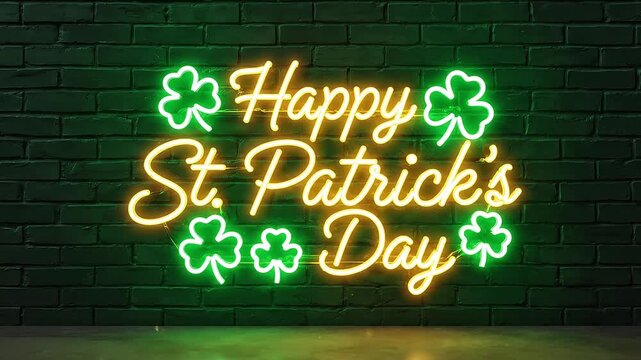 Happy St. Patricks Day Neon Sign with Shamrocks on Brick Wall happy st patricks day glowing
