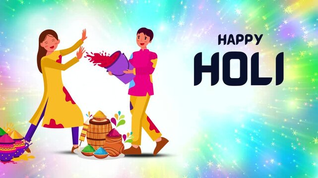 Happy Holi Blue And White Colorful Illustrative Greeting Video