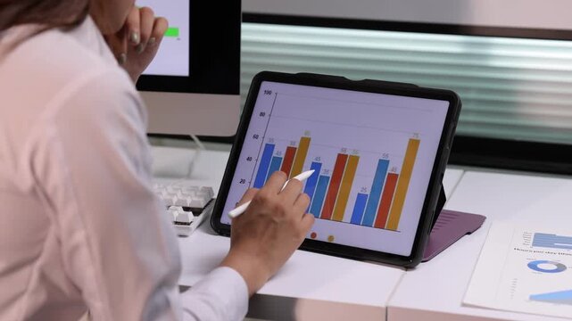 Financial analyst reviewing business performance data on tablet. Young female manager analyzing financial statistics and graphs on her tablet.