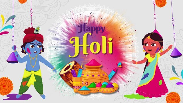 Happy Holi Yellow Blue and Red Minimalist Abstract Greeting Video