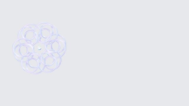 Abstract 3D composition of translucent interlocking rings forming a circular geometric pattern with soft pastel holographic reflections on a light neutral background
