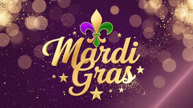 Golden Mardi Gras text with fleur de lis and sparkling lights New Orleans carnival