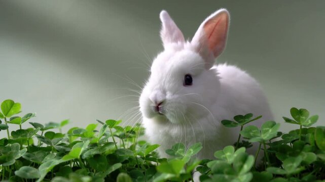 White rabbit sitting in lush green clover patch bunny animal