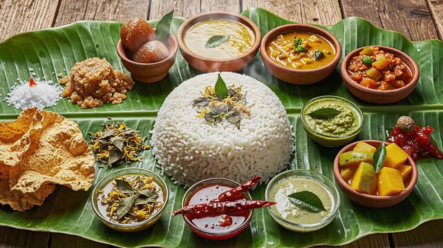 Traditional South Asian Cuisine Plated on Banana Leaf with Variety of Spicy Curries and Rice