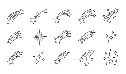 Falling stars doodle icon set with shooting star wish symbols vector illustration © Lipi