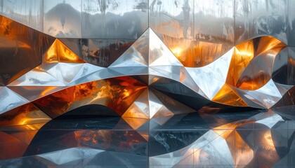 Abstract Metallic Sculpture with Reflective Surface and Warm Lighting