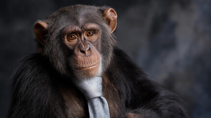 Chimpanzee wearing business suit tie in studio portrait, satirical commentary leadership intelligence, power structures human behavior symbolism, with copy space