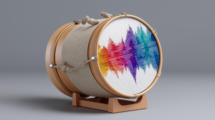 Fototapeta premium Drum with colorful sound wave representation for Black History Month, percussion musical visualization, African American cultural celebration, rhythmic heritage display, with copy
