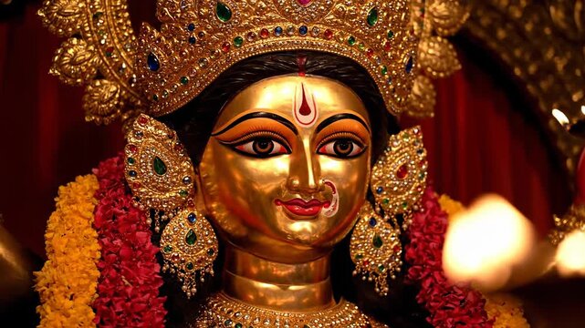 Golden Goddess Durga Idol Close Up During Festival Puja