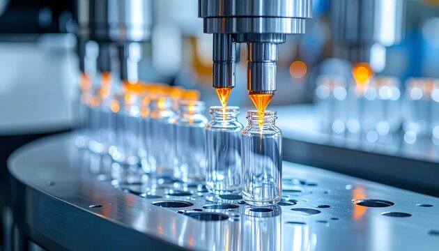 High-tech automated production line in pharmaceutical facility, amber glass vials aligned on conveyor, precision nozzles filling with bright orange liquid, clean metallic environment with structured l