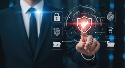 Obraz premium Businessman Interacting with Digital Security Interface