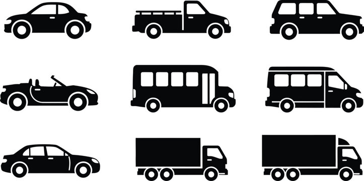 Collection of various vehicle silhouettes in black and white
