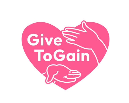 Give to Gain campaign sticker. International Women's Day 2026. Open palm inside the heart shape, cupped hand giving gesture and hand on the heart show generosity, collaboration and support for women