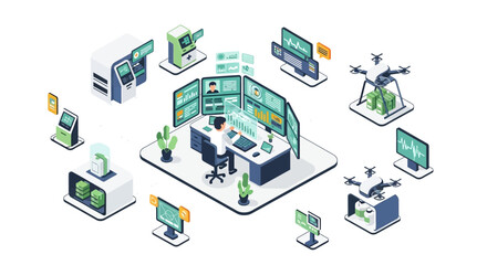 Obraz premium Isometric illustration of a modern office workspace with various technology and devices.