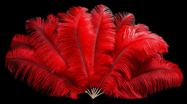 Red feather fan opening wide symbolizing burlesque elegance seduction performance theatrical events, cabaret accessory representation, stage prop visualization, with copy space