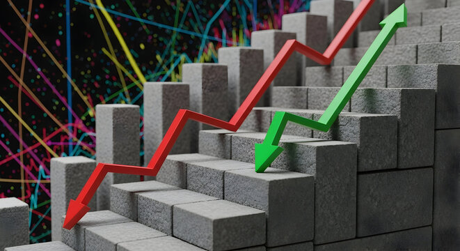 Dynamic Graphs Illustrating Business Growth and Progression Through Colorful Arrows on Steps Representing Innovation and Financial Success