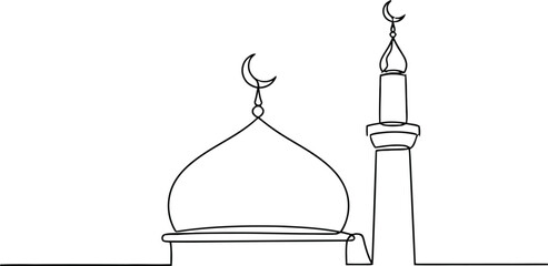 Continuous one line drawing of mosque dome and minaret with crescent moon on top of building roof. Minimal Mosque Dome and Minaret Line Art. © AbuHuraira