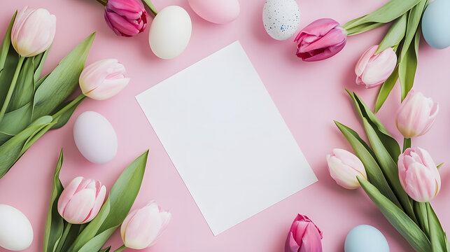 White sheet of paper mockup lies on a pink studio floor around tulips and Easter eggs