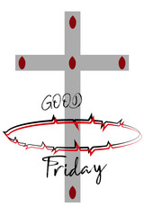 The designation Good Friday with a crown of thorns and the cross, as well as five drops of blood. Symbols for the Easter Passion.