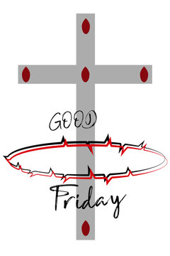 The designation Good Friday with a crown of thorns and the cross, as well as five drops of blood. Symbols for the Easter Passion.
