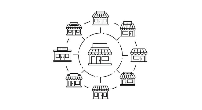 Multiple interconnected storefront icons are arranged in a circular network depicting a central business surrounded by its various retail locations, Generative AI.