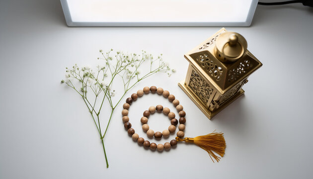 Serene golden lantern and prayer beads on white background