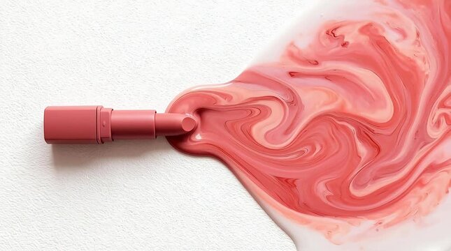 Red lipstick flowing from tube onto white surface in abstract pattern