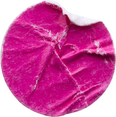 Blank pink round adhesive paper sticker label isolated on white background