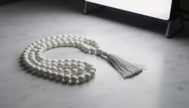 Serene white mala necklace on marble surface with soft lighting