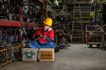 Refurbishing recycling auto parts worker labor in sustainable repair industry Worker sorting used mechanical components for reuse. technician assessment inspection secondhand recycled materials