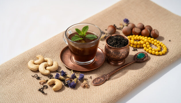 Still life with tea and nuts on burlap fabric, soft daylight