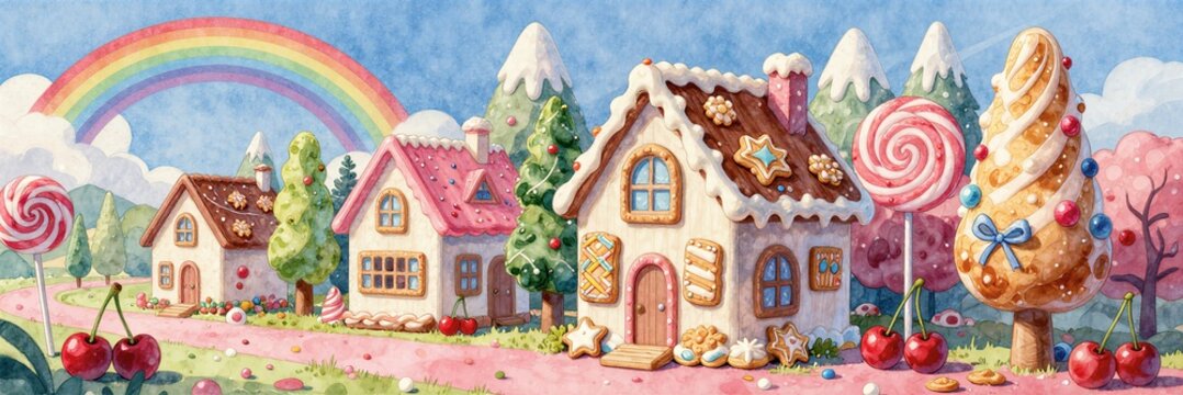 Fairytale candy house with rainbow landscape