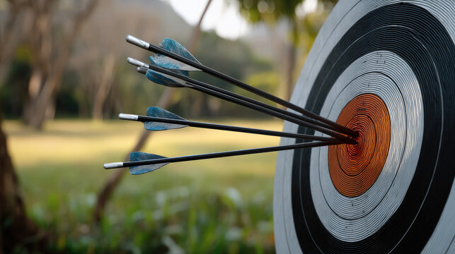 Side view of archery target with arrows hitting bullseye, outdoor field, precision, focus, competition, sport