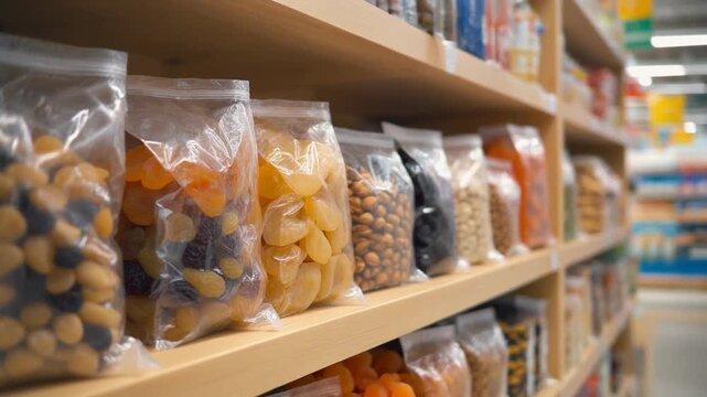 4K video of assorted nuts and snacks on grocery store shelves