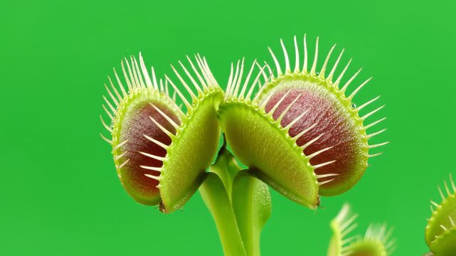 Carnivorous Venus Flytrap Plant With Open Traps On Green Background.