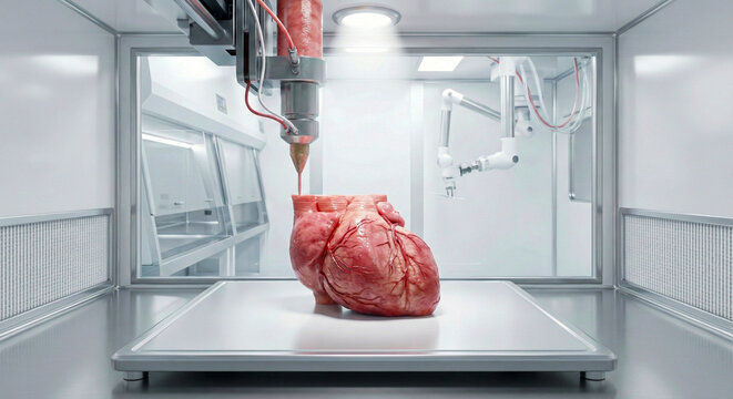3D bioprinting of a human heart in a high-tech laboratory. Concept of regenerative medicine and future organ transplants.
