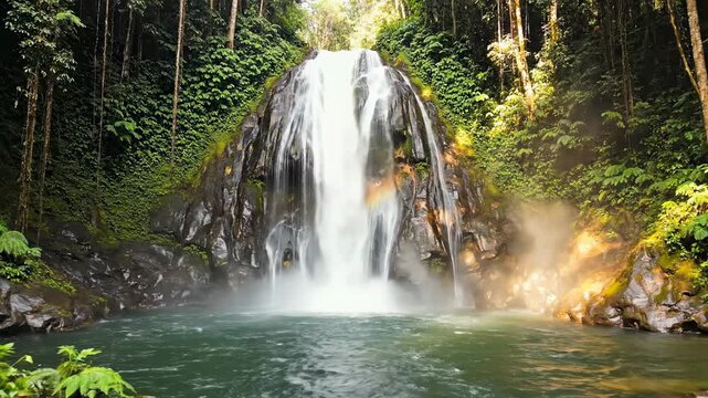 A serene waterfall cascades into a tranquil pool surrounded by lush greenery. Sunlight filters through the trees, creating a peaceful nature escape.