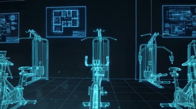 Blueprint Gym Interior with Exercise Machines on Display and Wall Mounted Technical Drawings in Dimly Lit Envrionment