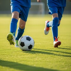Obraz premium Two athletes in blue uniforms running with a soccer ball on grass