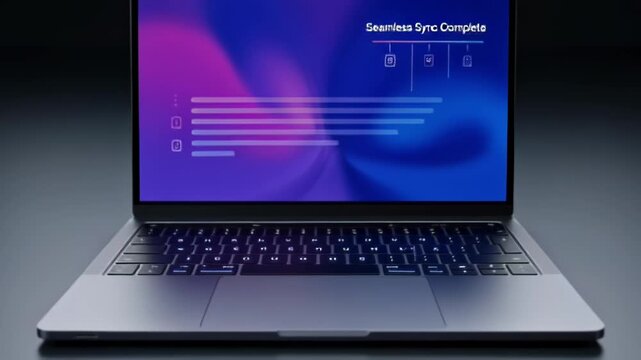 Sleek modern laptop glowing with blue and purple gradients on a tidy office desk.