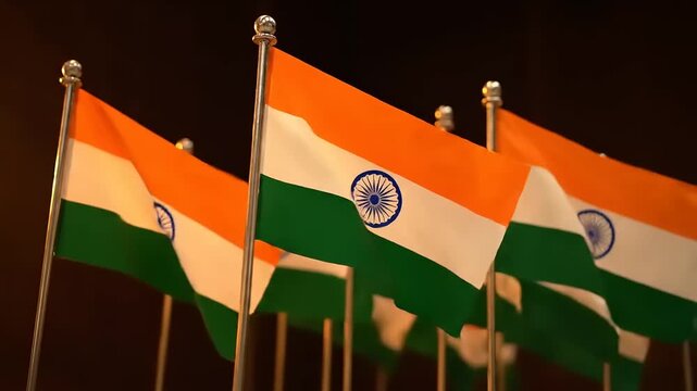 Indian flags waving dynamically, symbolic representation, national pride, cultural heritage, patriotic display, tricolor celebration, festival, independence