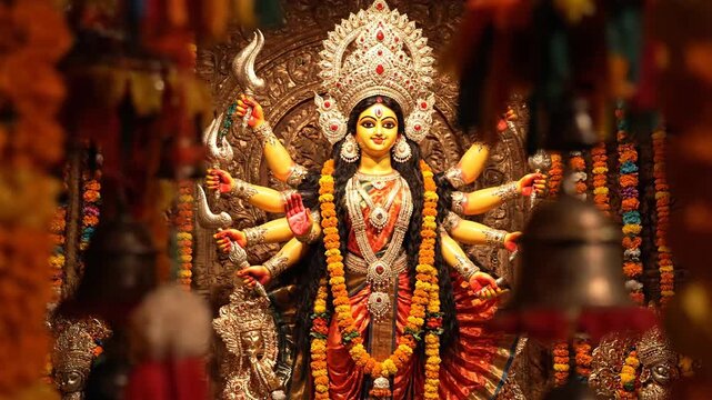 Vibrant Durga Idol during Bengali Festival Celebration India