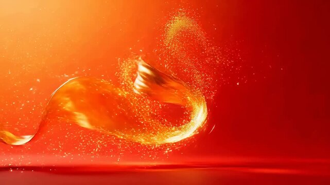 Abstract golden silk ribbon flowing in S-shape with red background and particles